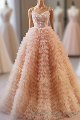 Unique V Neck Tulle Sequin Orange Pink Long Semi Formal Prom Dress, Orange Pink Sweet 16 Dress